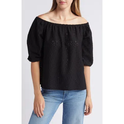 Loveappella Off The Shoulder Eyelet Top In Black