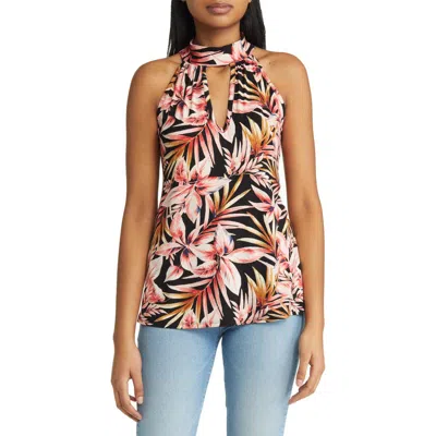 Loveappella Palm Print Cutout Mock Neck Halter Top In Black/marsala