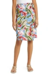 Loveappella Palm Print Faux Wrap Knit Midi Skirt In Blue
