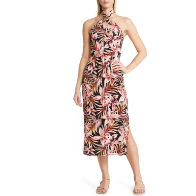Loveappella Palm Print Twist Halter Neck Midi Dress In Multi
