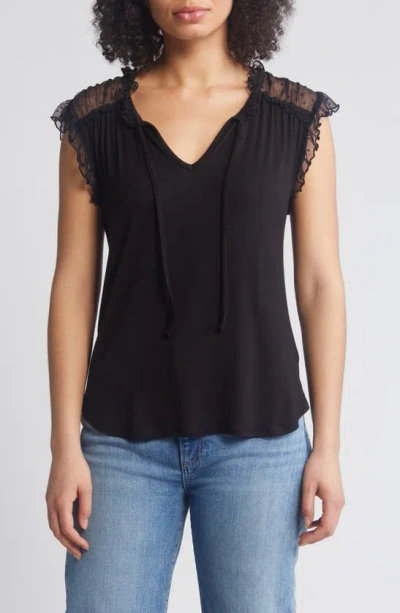 Loveappella Point D'esprit Ruffle Knit Top In Black