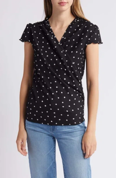 Loveappella Polka Dot Faux Wrap T-shirt In Black