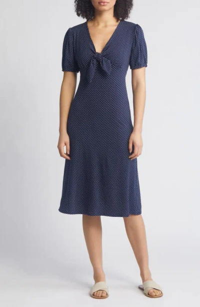 Loveappella Polka Dot Puff Sleeve Midi Dress In Navy/white