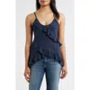 Loveappella Polka Dot Ruffle Crepe Camisole In Blue