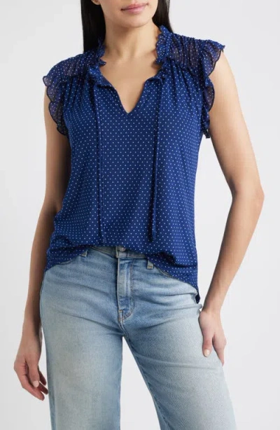 Loveappella Polka Dot Ruffle Trim Split Neck Top In Blue