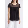 Loveappella Polka Dot Sheer Yoke Mesh Top In Black