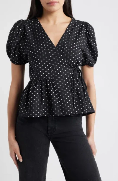 Loveappella Polka Dot Wrap Top In Black