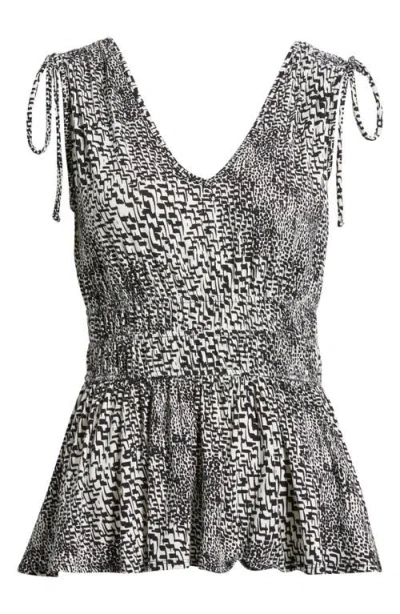 Loveappella Printed Peplum Jersey Top In Ivory/black