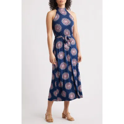 Loveappella Printed Tie Waist Halter Knit Midi Dress In Navy