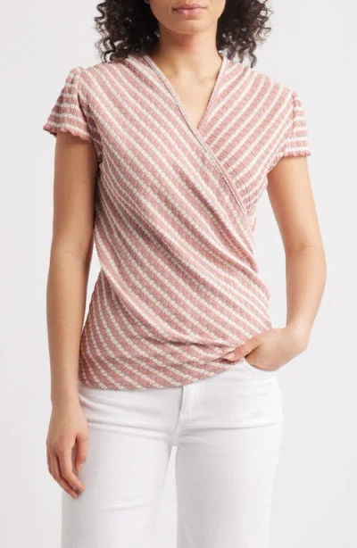 Loveappella Puckered Stripe Wrap Front Top In Blush