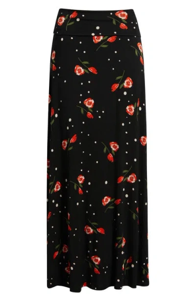 Loveappella Roll Top Floral Print Maxi Skirt In Black