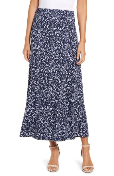 Loveappella Roll Top Print Maxi Skirt In Navy/ivory