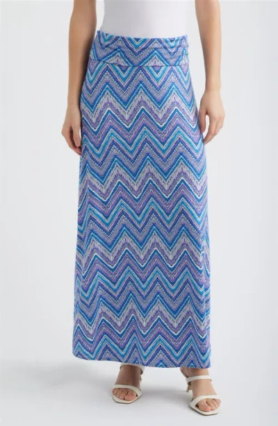 Loveappella Roll Zigzag Floral Print Maxi Skirt In Blue