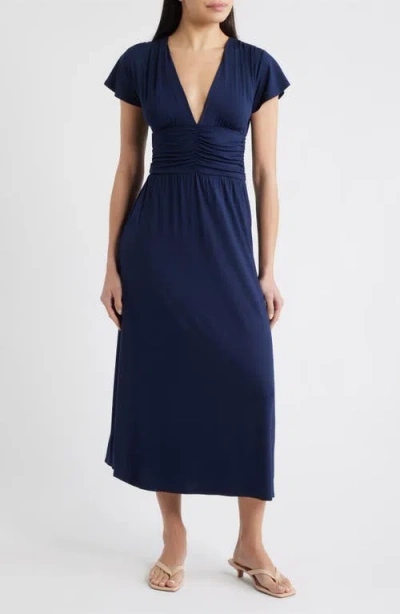 Loveappella Ruched Bodice Midi Dress In Blue