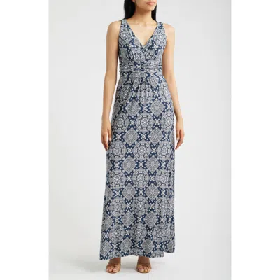 Loveappella Ruched Empire Waist Maxi Dress In Multi