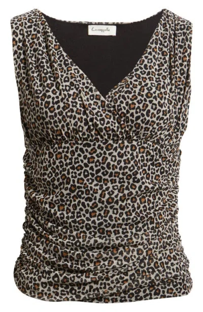 Loveappella Ruched Empire Waist Sleeveless Top In Animal Print