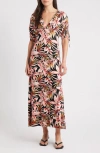 Loveappella Ruched Sleeve Empire Waist Maxi Dress In Multi