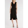 Loveappella Ruffle Faux Wrap Midi Dress In Black