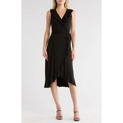 Loveappella Ruffle Faux Wrap Midi Dress In Black