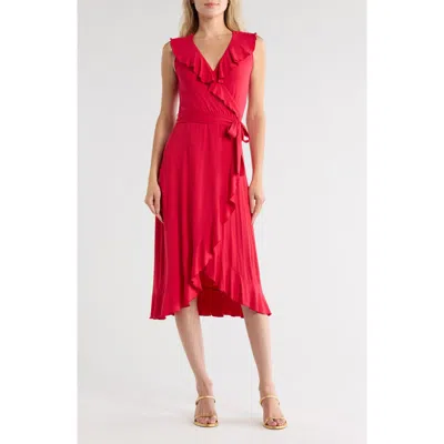 Loveappella Ruffle Faux Wrap Midi Dress In Red