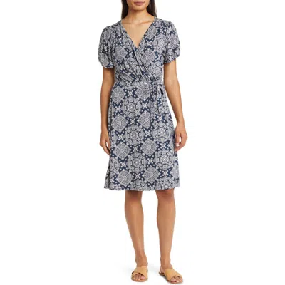 Loveappella Short Sleeve Faux Wrap Dress In Navy/ivory