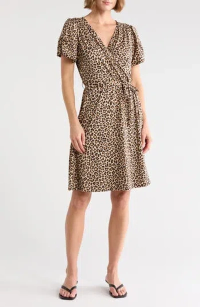 Loveappella Short Sleeve Faux Wrap Jersey Dress In Animal Print