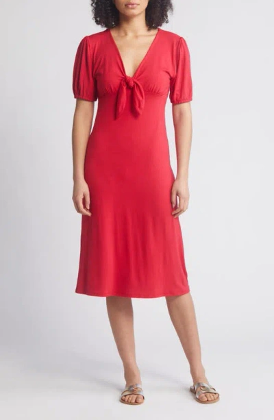 Loveappella Short Sleeve Tie Front Midi Dress In Red