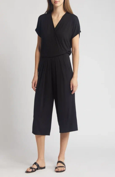 Loveappella Short Sleeve Wrap Front Crop Jumpsuit In Black