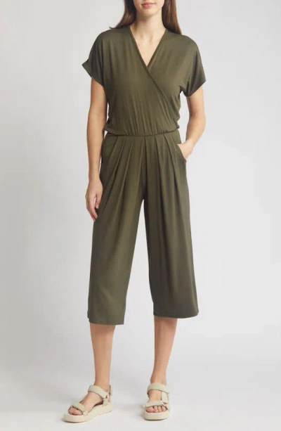 Loveappella Short Sleeve Wrap Front Crop Jumpsuit In Olive