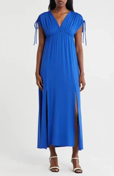 Loveappella Shoulder Tie Maxi Dress In Blue