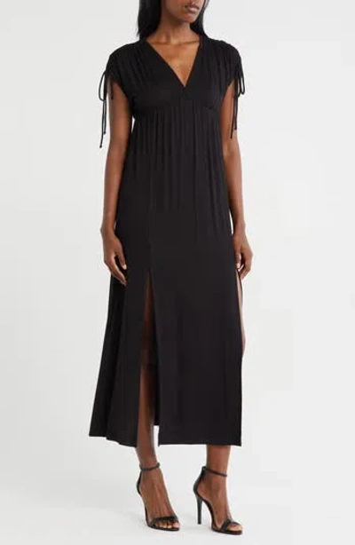 Loveappella Shoulder Tie Maxi Dress In Black