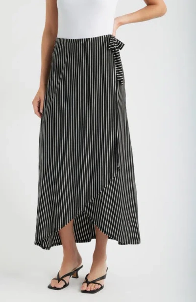 Loveappella Stripe Faux Wrap High-low Knit Midi Skirt In Black