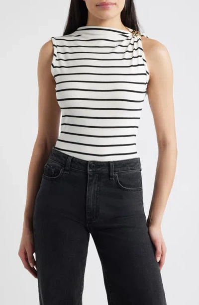 Loveappella Stripe Side Twist Rib Top In White