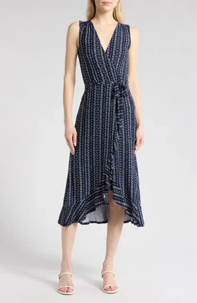 Loveappella Stripe Sleeveless Faux Wrap Dress In Navy/white