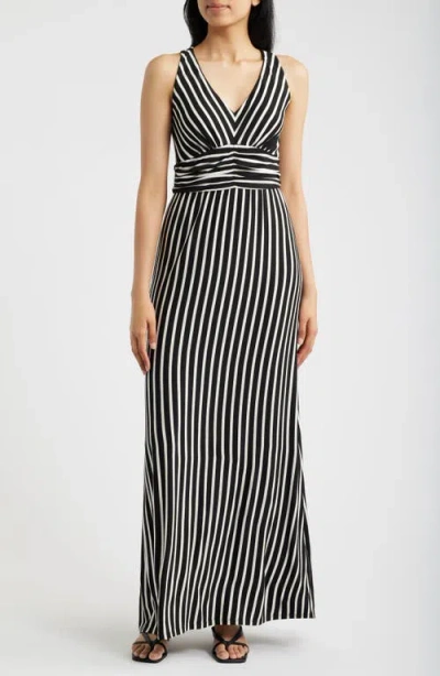 Loveappella Striped Ruched Empire Waist Maxi Dress In Black