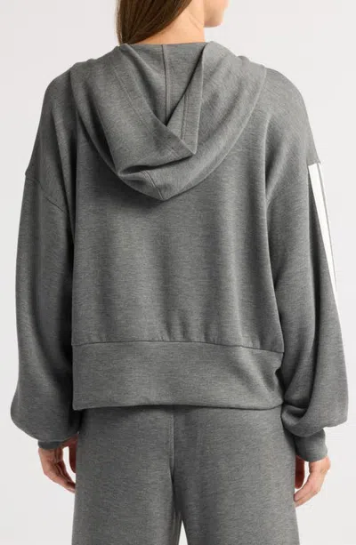 Loveappella Striped Sleeve Full Zip Hoodie In Heather Charcoal/cream
