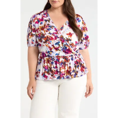 Loveappella Surplice Peplum Top In Multi