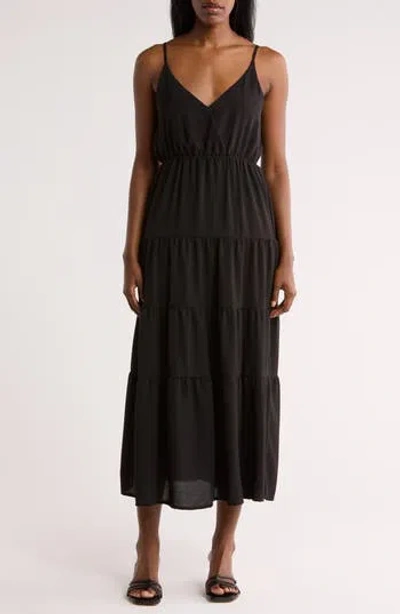 Loveappella Surplice V-neck Tiered Maxi Dress In Black