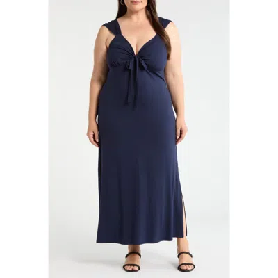 Loveappella Tie Front Jersey Maxi Dress In Blue