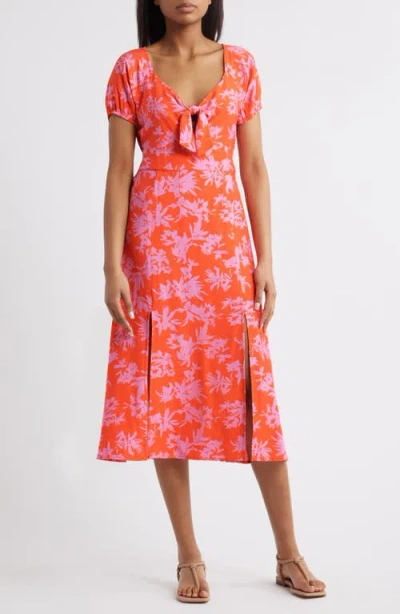 Loveappella Tie Front Slit Midi Dress In Multi