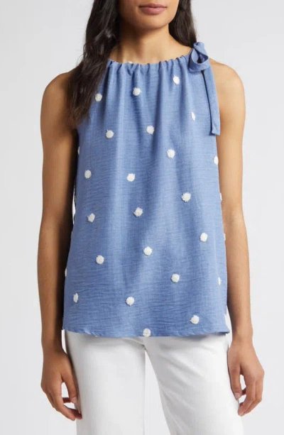 Loveappella Tie Shoulder Sleeveless Top In Chambray