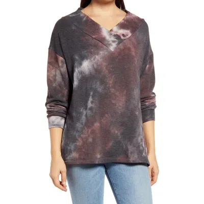 Loveappella Wide Neck Tie Dye Tunic Pullover In Brown