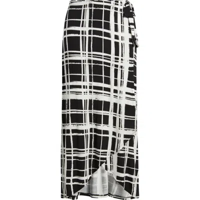Loveappella Windowpane Plaid Faux Wrap Knit Skirt In Black