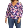 Loveappella Wrap Front Blouson Top In Azalea/plum