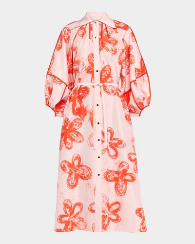 Lovebirds Aster Printed Silk Tie-waist Midi Shirtdress In Pink Coral