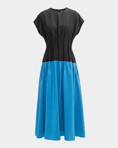 Lovebirds Azure Pleated Colorblock Silk Midi Dress In Blue