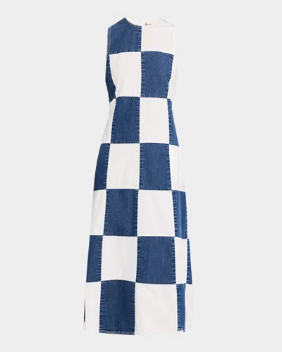 Lovebirds Bennet Checkerboard Mixed Media Midi Dress In Denim Chequer