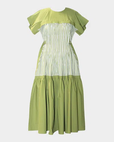 Lovebirds Chasma Striped Cotton Midi Shirtdress In Green