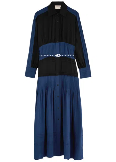 Lovebirds Colour-blocked Belted Silk Midi Shirt Dress In Blue