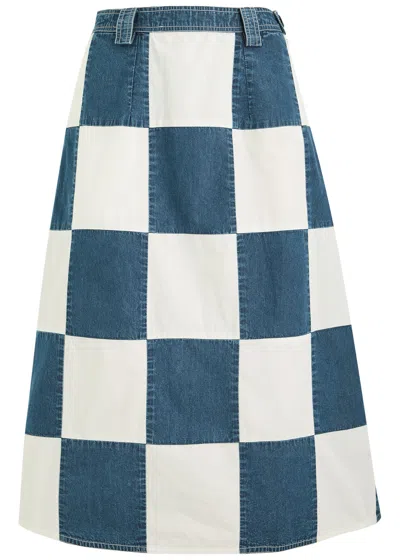 Lovebirds Darcey Checked Cotton And Denim Midi Skirt In Blue And White